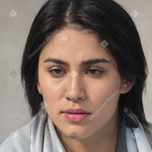 Neutral white young-adult female with medium  brown hair and brown eyes