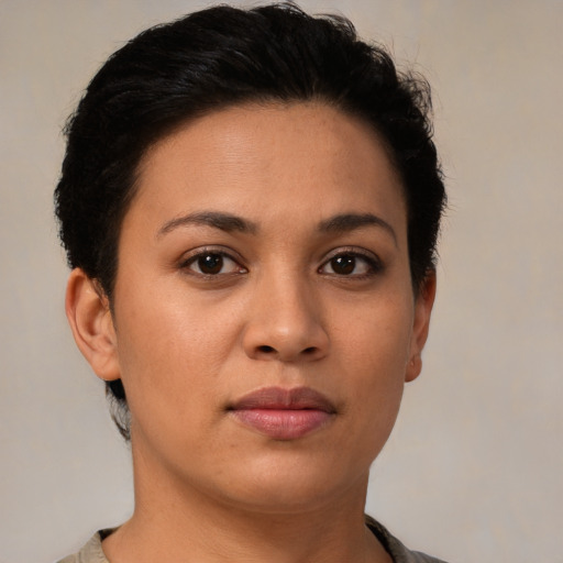 Neutral latino young-adult female with short  brown hair and brown eyes