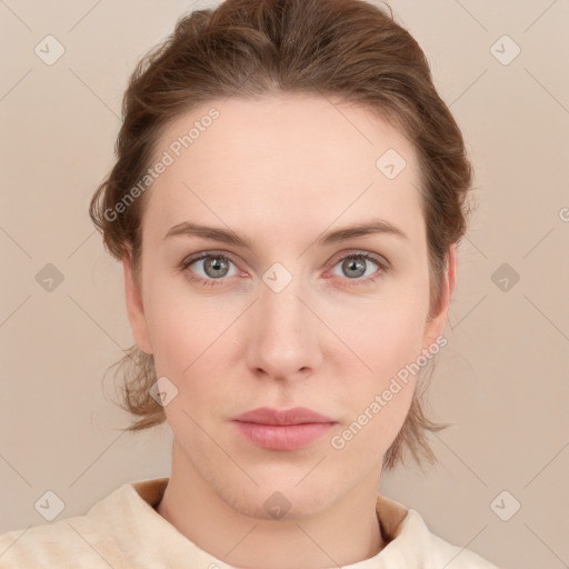 Neutral white young-adult female with medium  brown hair and blue eyes