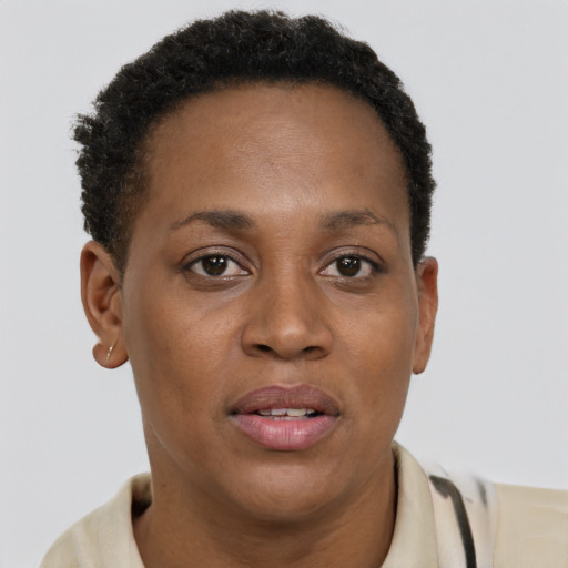 Joyful black adult female with short  brown hair and brown eyes