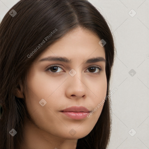 Neutral white young-adult female with long  brown hair and brown eyes