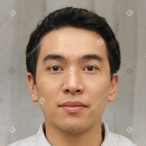 Neutral asian young-adult male with short  black hair and brown eyes