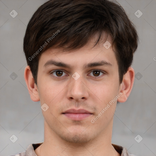 Neutral white young-adult male with short  brown hair and brown eyes