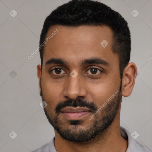 Neutral black young-adult male with short  black hair and brown eyes