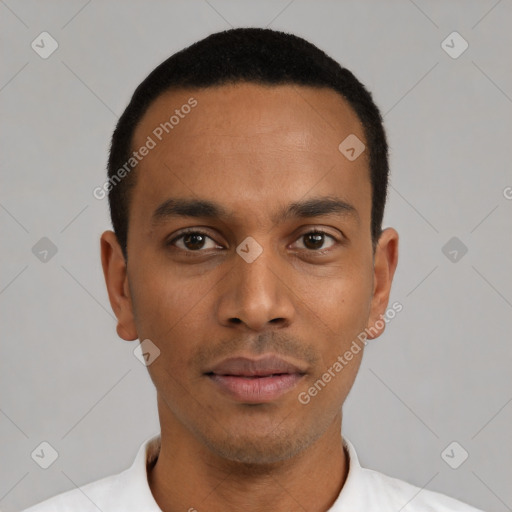 Neutral latino young-adult male with short  black hair and brown eyes
