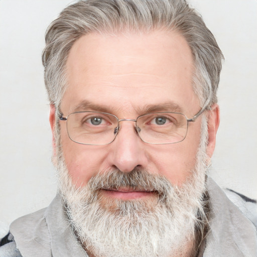 Neutral white middle-aged male with short  gray hair and blue eyes