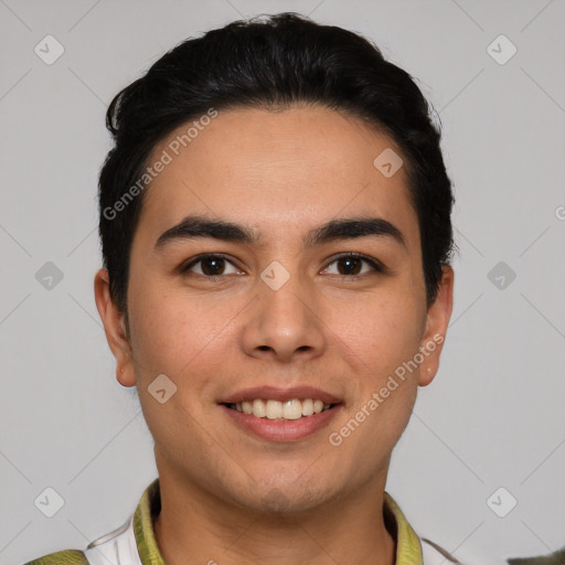 Joyful white young-adult male with short  brown hair and brown eyes