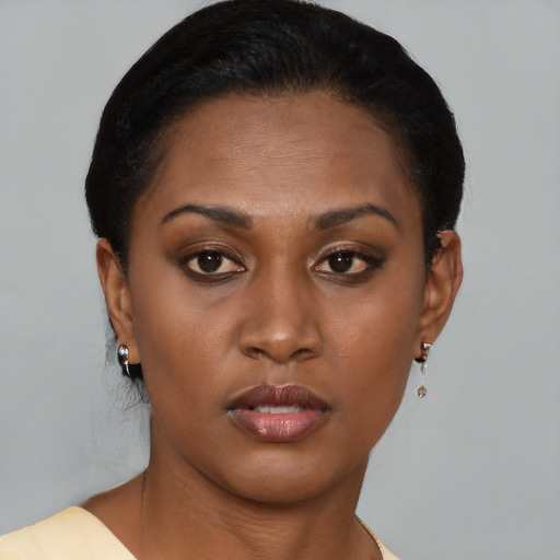 Neutral black young-adult female with short  brown hair and brown eyes