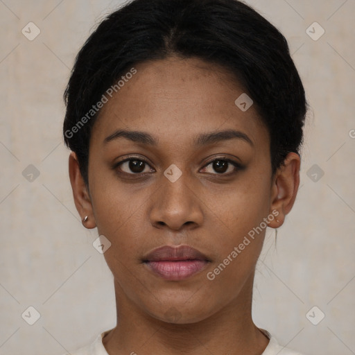 Neutral black young-adult female with short  black hair and brown eyes