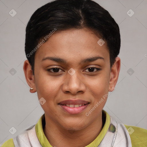 Joyful latino young-adult female with short  brown hair and brown eyes