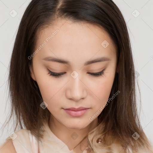 Neutral white young-adult female with medium  brown hair and brown eyes