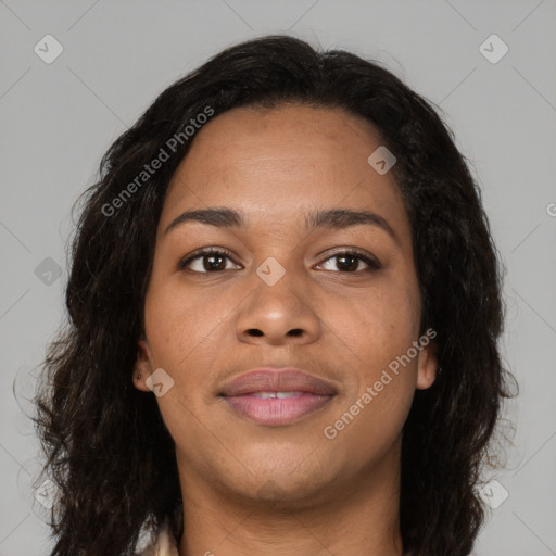 Joyful latino young-adult female with long  brown hair and brown eyes