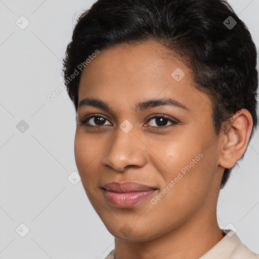 Joyful latino young-adult female with short  brown hair and brown eyes