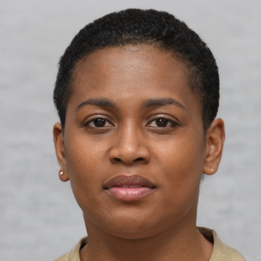 Neutral black young-adult female with short  brown hair and brown eyes