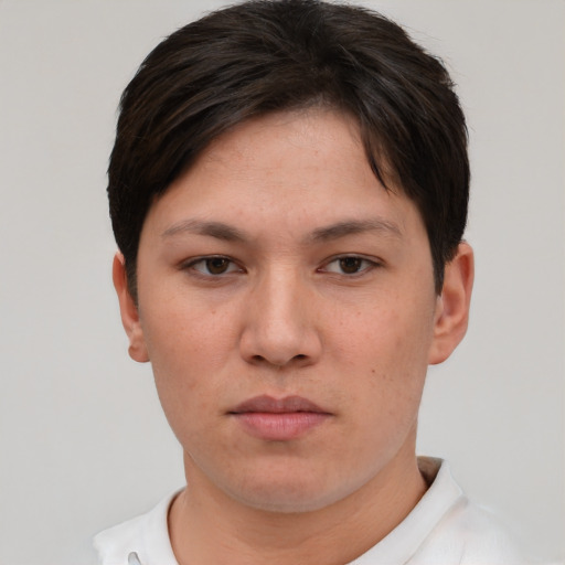 Neutral asian young-adult female with short  brown hair and brown eyes