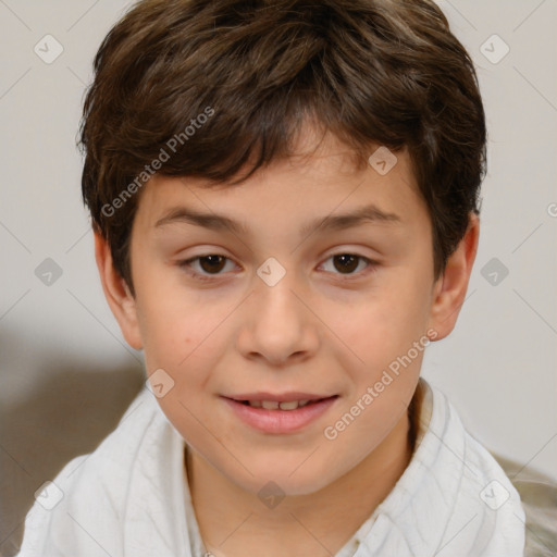 Joyful white child male with short  brown hair and brown eyes