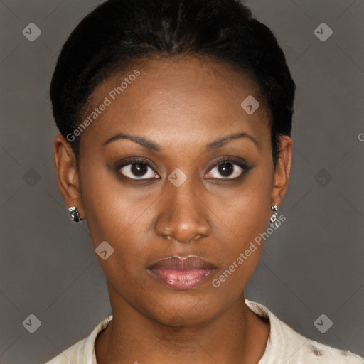 Neutral black young-adult female with short  black hair and brown eyes
