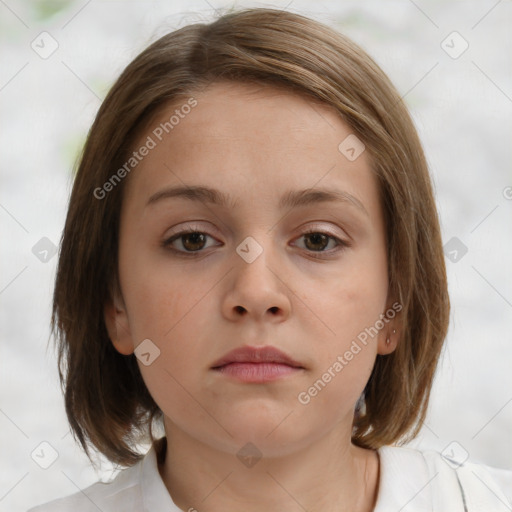 Neutral white young-adult female with medium  brown hair and grey eyes