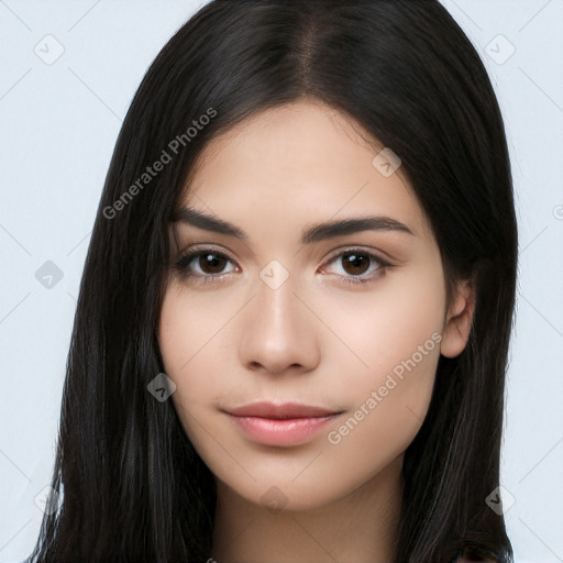 Neutral white young-adult female with long  black hair and brown eyes