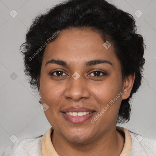 Joyful latino young-adult female with short  brown hair and brown eyes