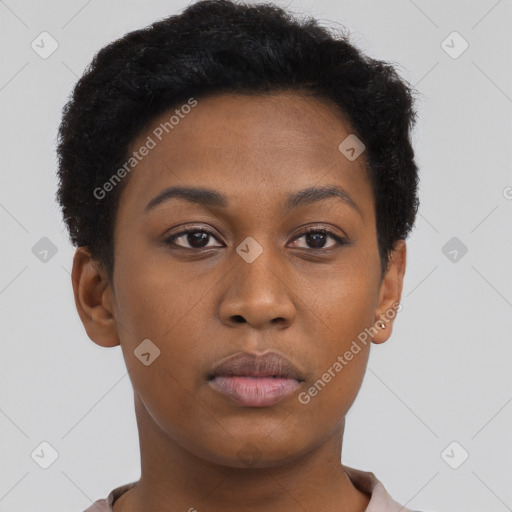 Neutral black young-adult female with short  brown hair and brown eyes