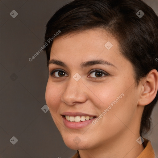 Joyful white young-adult female with medium  brown hair and brown eyes