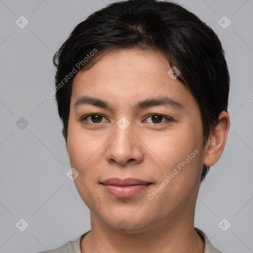 Joyful white young-adult female with short  brown hair and brown eyes