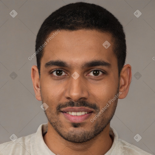 Joyful latino young-adult male with short  black hair and brown eyes