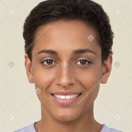 Joyful white young-adult female with short  brown hair and brown eyes