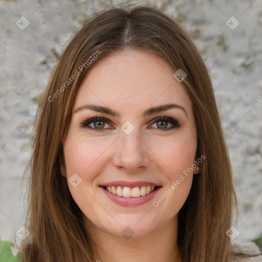 Joyful white young-adult female with long  brown hair and green eyes