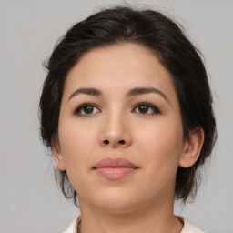 Neutral asian young-adult female with medium  brown hair and brown eyes