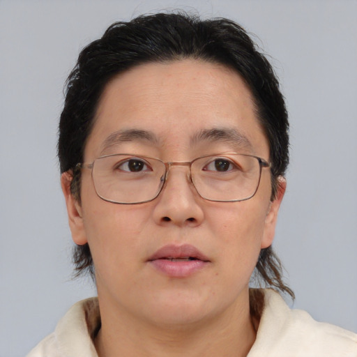 Neutral white adult female with medium  brown hair and brown eyes