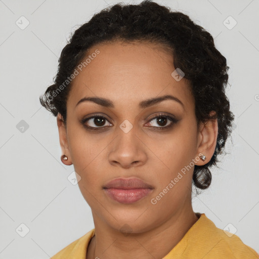 Joyful latino young-adult female with short  brown hair and brown eyes