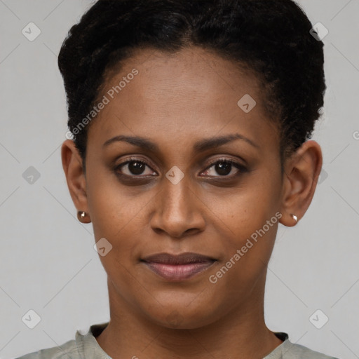 Joyful latino young-adult female with short  brown hair and brown eyes