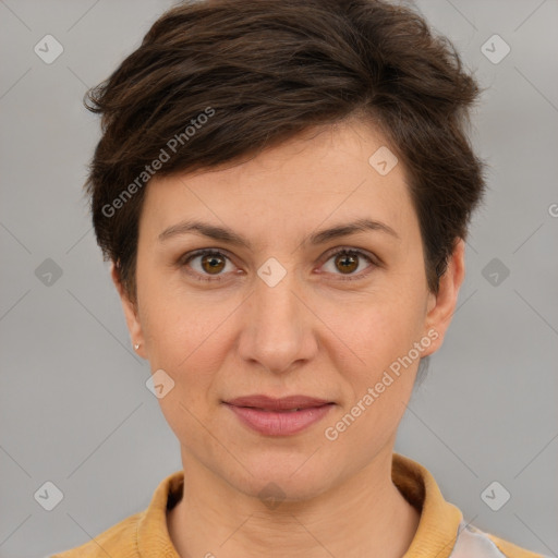 Joyful white young-adult female with short  brown hair and brown eyes