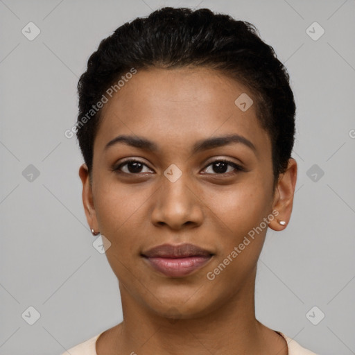 Joyful latino young-adult female with short  black hair and brown eyes