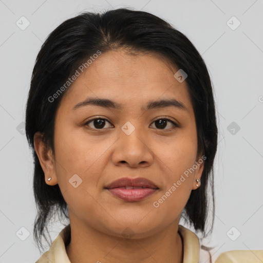 Joyful asian young-adult female with medium  brown hair and brown eyes