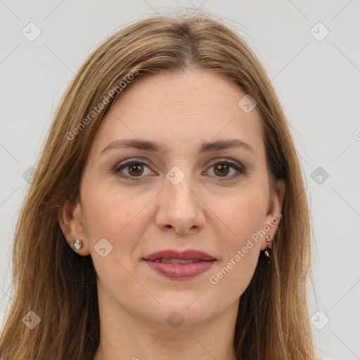 Joyful white young-adult female with long  brown hair and brown eyes