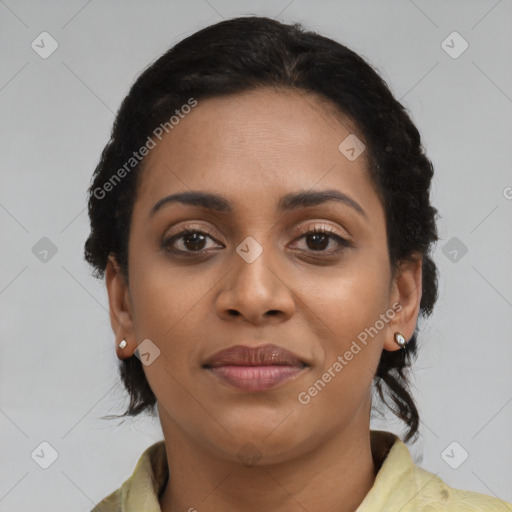 Joyful latino young-adult female with medium  black hair and brown eyes