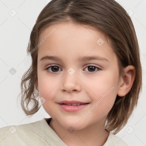 Joyful white child female with medium  brown hair and brown eyes