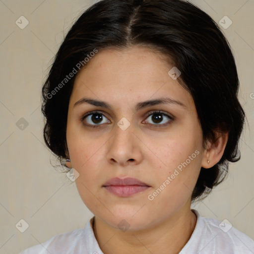 Neutral white young-adult female with medium  brown hair and brown eyes