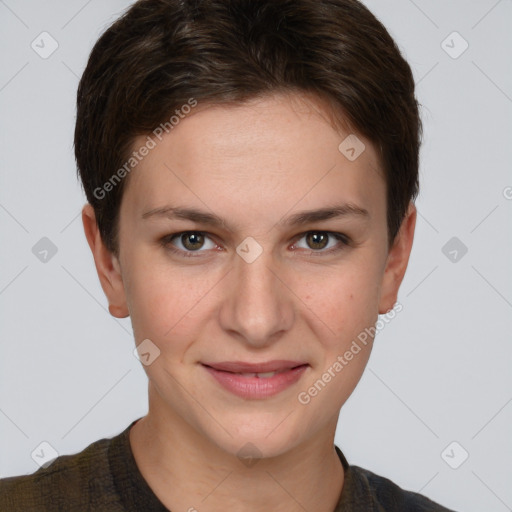 Joyful white young-adult female with short  brown hair and grey eyes