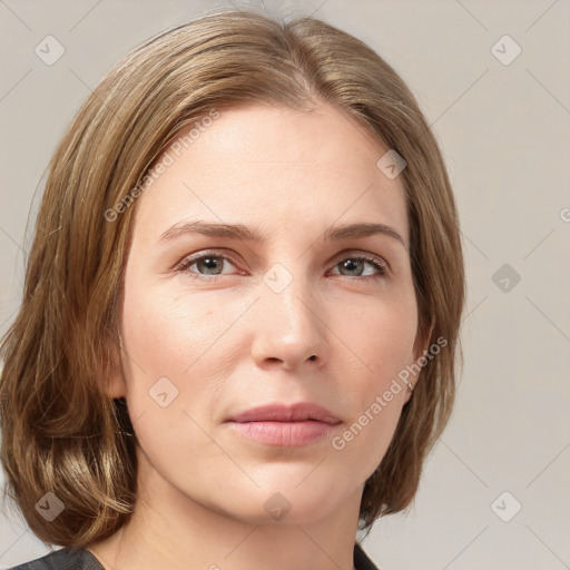 Neutral white young-adult female with medium  brown hair and grey eyes