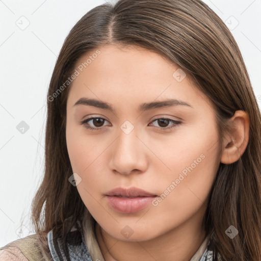 Neutral white young-adult female with long  brown hair and brown eyes