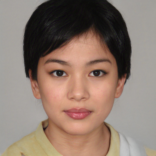 Neutral asian young-adult female with short  brown hair and brown eyes