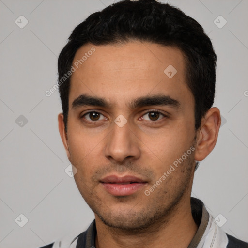 Neutral latino young-adult male with short  black hair and brown eyes