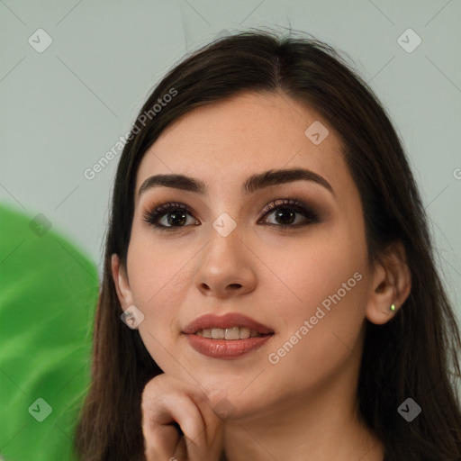 Neutral white young-adult female with long  brown hair and brown eyes