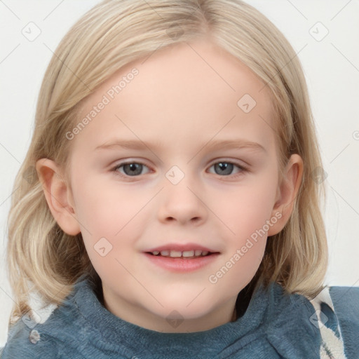 Joyful white child female with medium  brown hair and blue eyes