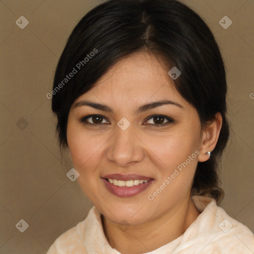 Joyful white young-adult female with medium  brown hair and brown eyes