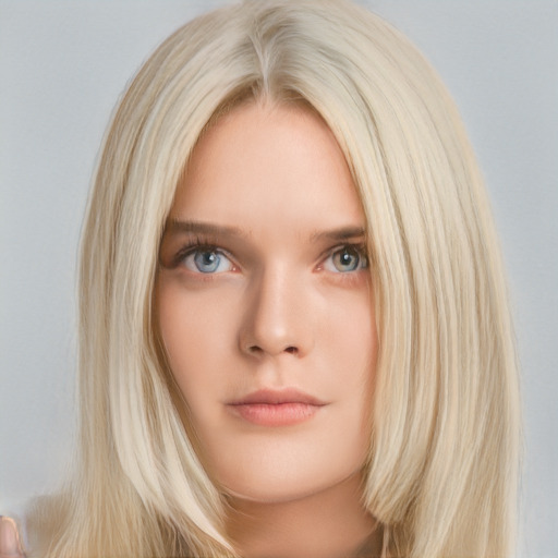 Neutral white young-adult female with long  blond hair and blue eyes